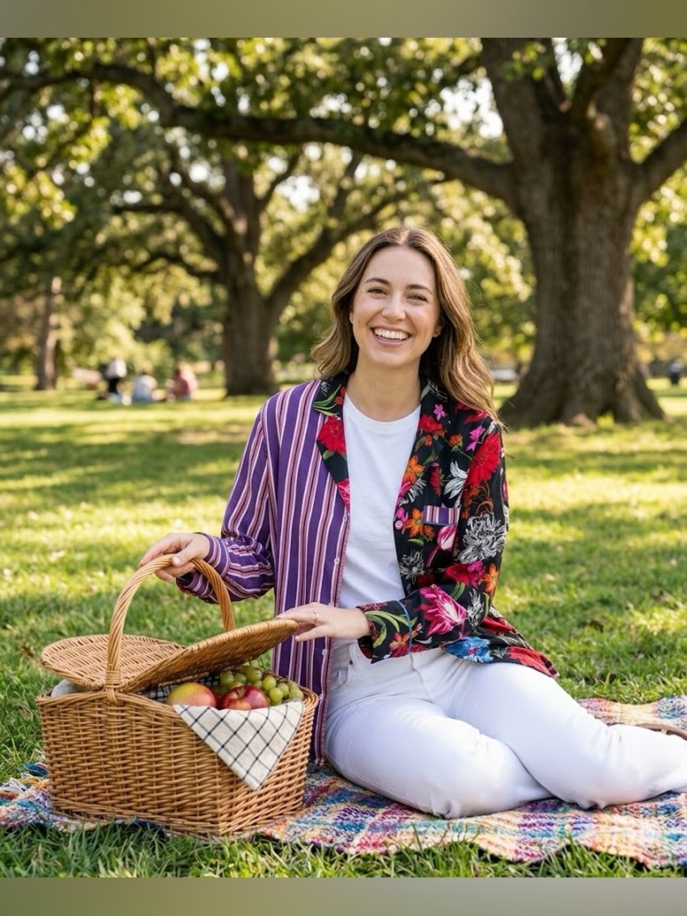Anthropologie Purple Stripe and Black Floral Mixed-Print Button Down Shirt